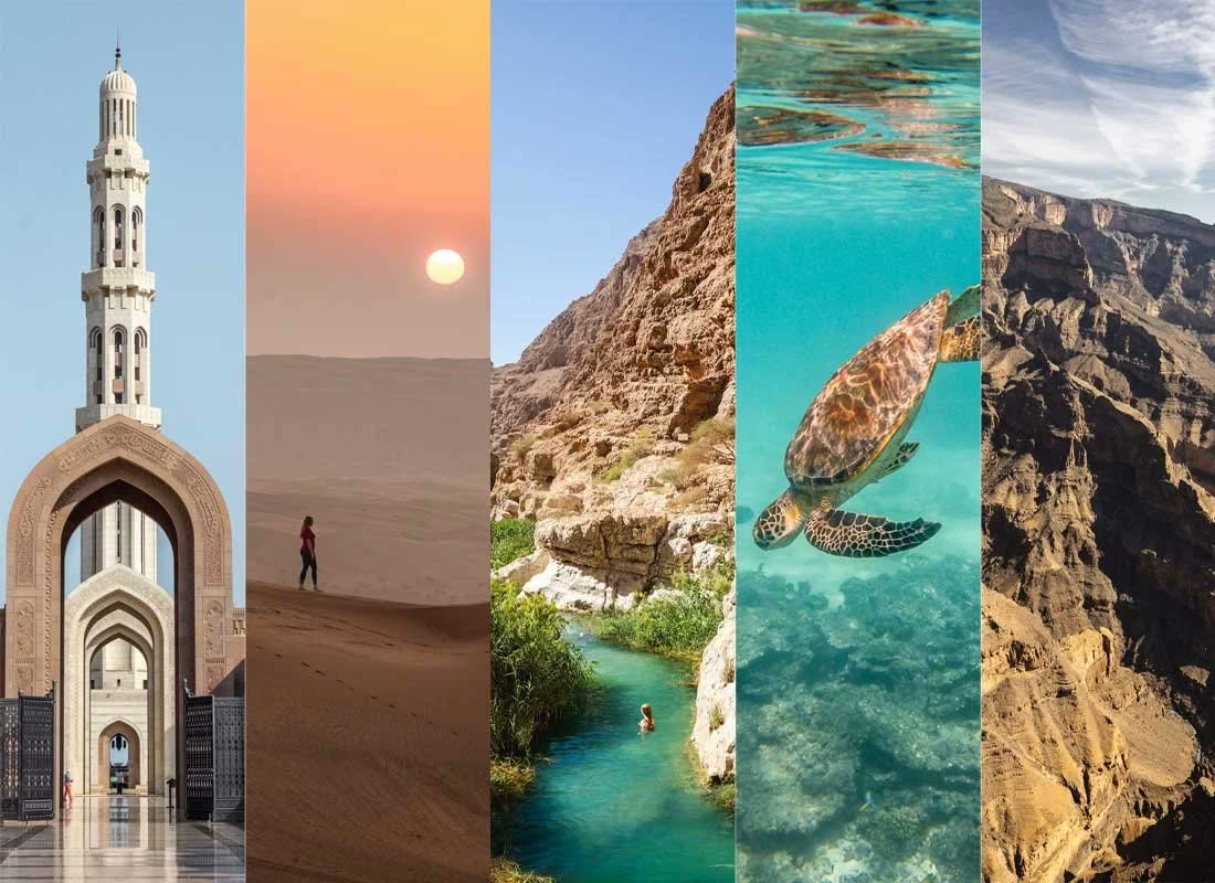Collage of Oman: Sultan Qaboos Grand Mosque, desert dunes, Wadi Shab, sea turtle, and Jebel Shams