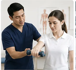 A physiotherapist guiding a patient through a strength exercise