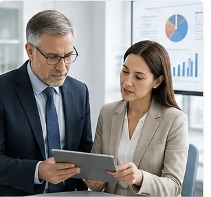 Two healthcare administrators reviewing performance data