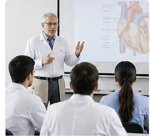 A medical educator teaching anatomy to a seated class