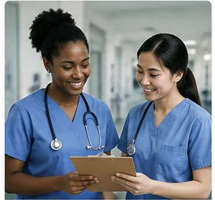 Two nurses in scrubs consulting a patient chart