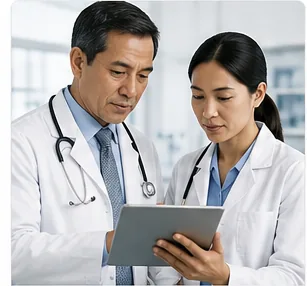 Two physicians reviewing patient notes on a tablet