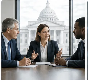 Policymakers in discussion around a meeting table