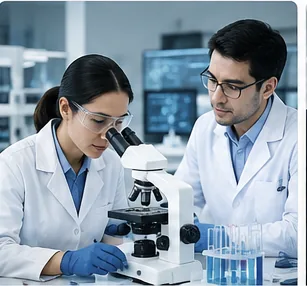 Two researchers at a microscope in a laboratory