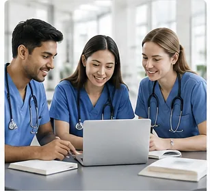 Three medical students studying together at a laptop