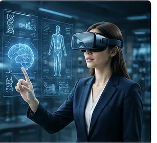 A technology leader interacting with a holographic medical display