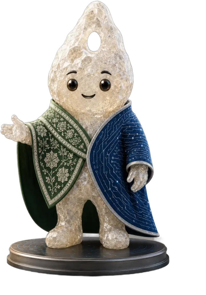 Luban, the RHIC 2026 mascot — a crystalline frankincense droplet wearing an Omani-patterned shawl and a circuit-embroidered robe